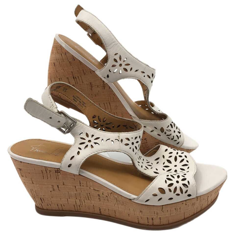 Franco Sarto Tan Floral Leather Wedges | Peep Toe Design